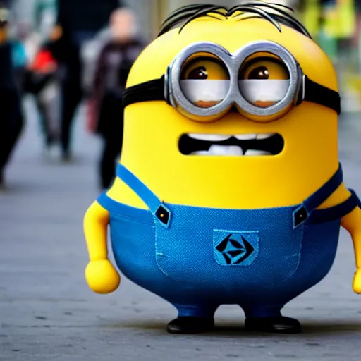 Image similar to 4 k photo of a giant minion walking in new york city, tourists are running in fear