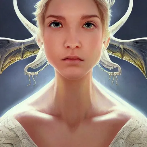 Image similar to Perfectly-centered portrait-photograph of a real life white human dragon from heaven, lifelike, super highly detailed, professional digital painting, artstation, concept art, Unreal Engine 5, Photorealism, HD quality, 8k resolution, cinema 4d, 3D, beautiful, cinematic, art by artgerm and greg rutkowski and alphonse mucha and loish and WLOP