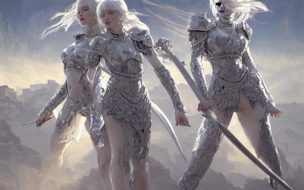 Image similar to white hair knights of zodiac girl, sliver ice color reflected armor, kung fu fighting in ruined agora of athens sunrise, ssci - fi and fantasy, intricate and very very beautiful and elegant, highly detailed, digital painting, artstation, concept art, smooth and sharp focus, illustration, art by tian zi and wlop and alphonse mucha