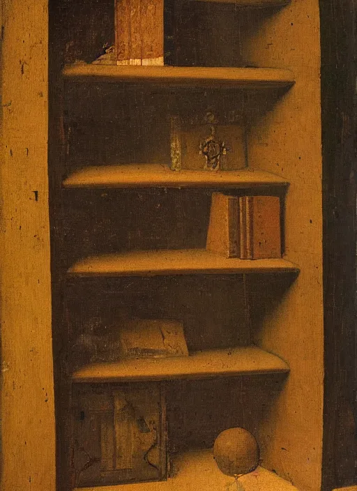 Prompt: bookshelf, medieval painting by jan van eyck, johannes vermeer, florence