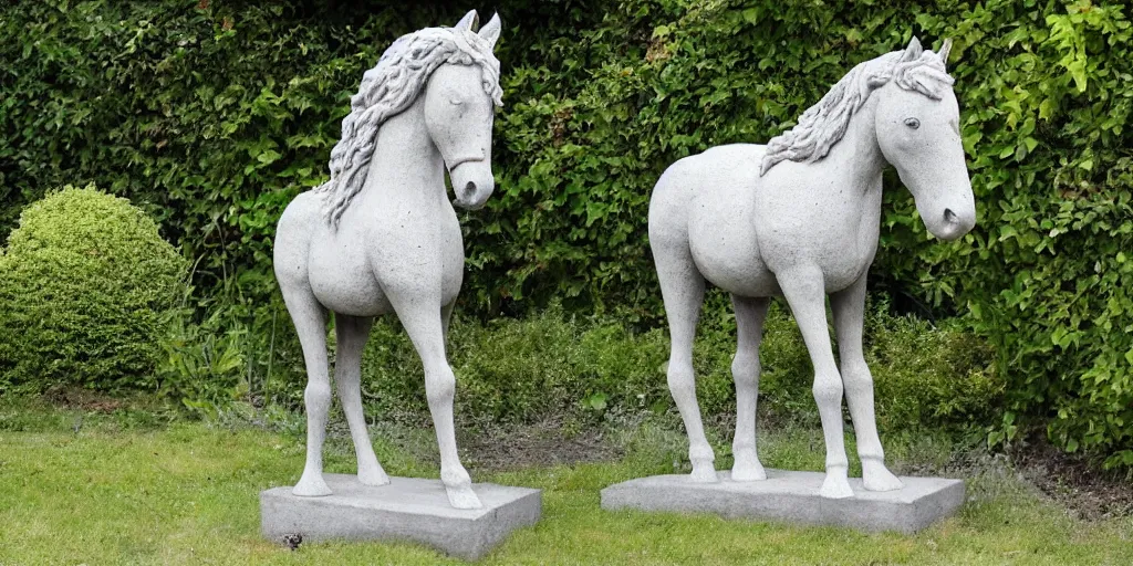 Image similar to art magazine photo, folk art garden sculptures in an english cottage garden, concrete sculpture of a horse, sculpture by wouterina de raad!!!, art by james tellen, highly detailed, realistic anatomical proportions, textured hand built concrete sculpture, amazing concrete sculpture, 4 k