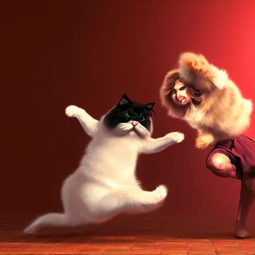 Prompt: A hyper real comic book style portait painting of a persian cat dancing salsa with another persian cat, unreal 5, hyperrealistic, octane render, cosplay, RPG portrait, dynamic lighting