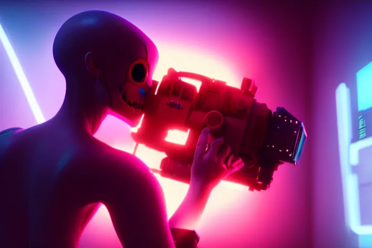 Image similar to vfx film, love death and robots, flat color profile low - key lighting award winning photography arri alexa cinematography, hyper real photorealistic cinematic, atmospheric cool colorgrade