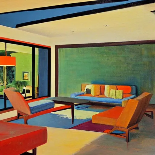 Image similar to an oil painting of the interior of a mid century modern house designed by both frank lloyd right and richard sera in palm springs