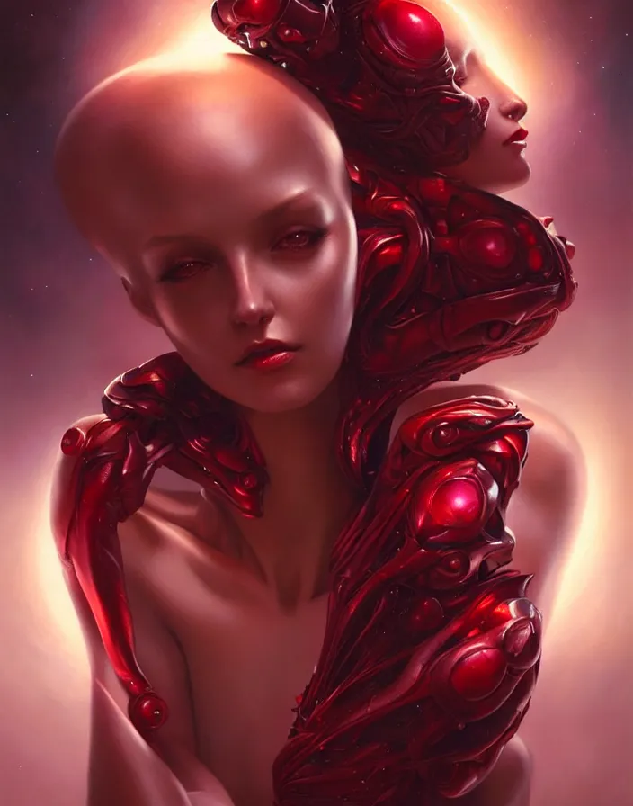 Image similar to a beautiful alien woman with ruby skin, painted by artgerm and tom bagshaw, fantasy art, dramatic lighting, highly detailed oil painting