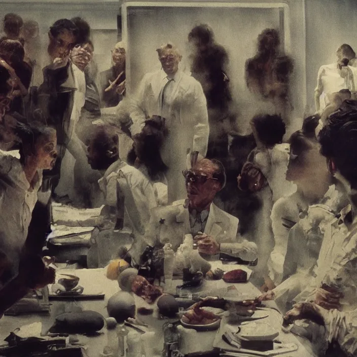 Prompt: a crowd of strangers, still from the film alien, scene from the godfather, hyperrealism painting by norman rockwell, artist painting edward hopper and francis bacon, eddie mendoza, syd mead, ruan jia, zhang kechun, lucian freud, film grain, still from chernobyl, crowd, soft colors, muted tones