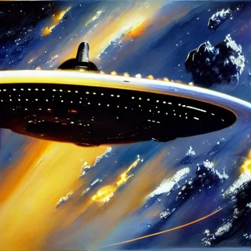 Prompt: U.S.S. Enterprise from Star Trek, orbiting a planet, painted in the style of John Berkey