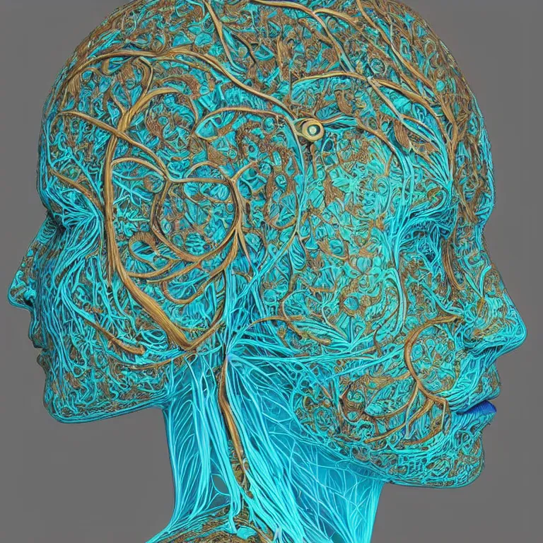 Prompt: cinema 4d colorful render, organic, ultra detailed, of a beautiful old inuit woman face. biomechanical, analog, macro lens, beautiful natural soft rim light, big leaves and stems, roots, fine foliage lace, turquoise gold details, high fashion haute couture, art nouveau fashion embroidered, intricate details, mesh wire, mandelbrot fractal, anatomical, facial muscles, cable wires, elegant, hyper realistic, in front of dark flower pattern wallpaper, ultra detailed