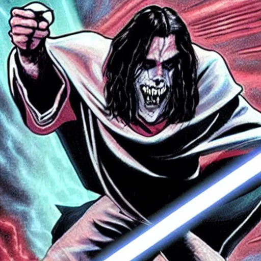 Image similar to morbius with a lightsaber in his hands