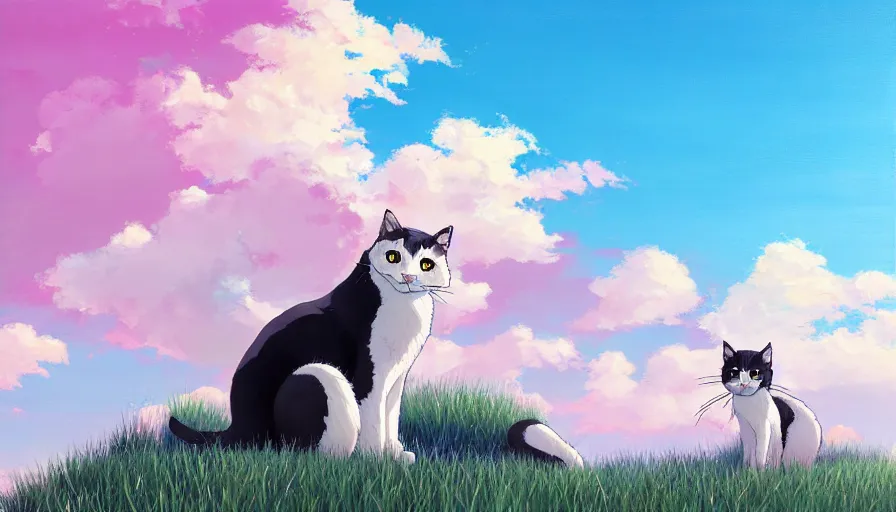 Prompt: highly detailed contemporary acrylic painting of really tall sitting cats by makoto shinkai, thick brush strokes and visible paint layers, glistening clouds in background, light blue black, white and pink vivid pastel color scheme