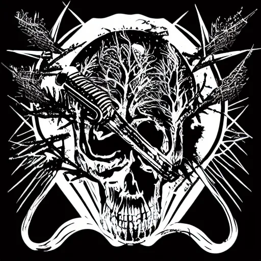 Image similar to dark death metal themed vector illustration for a record label, trees. forest, spikes, skull, microphone, skull, award winning, grunge, iconic, golden ratio