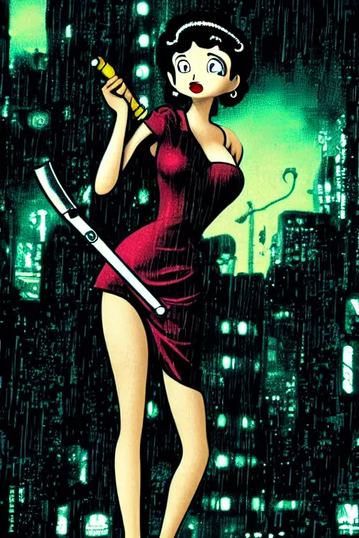 Image similar to betty boop in blade runner, smoking a cigarette holding a sword in the rain. digital art, retro cyberpunk