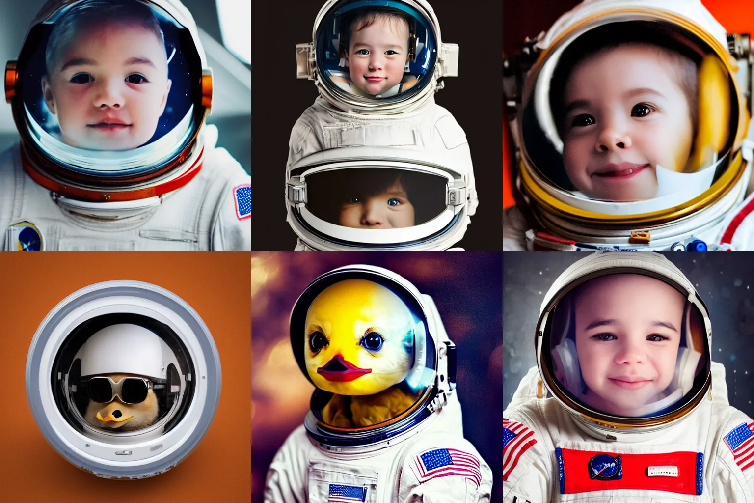 Image similar to A Very cute adorable astronaut duckling face portrait, realistic, 50mm lens, cinematic, realistic photo,