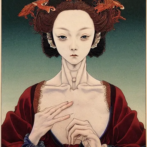 Image similar to prompt: Portrait painted in renaissance style drawn by Katsuhiro Otomo and Takato Yamamoto, inspired by Fables, china doll face, smooth face feature, intricate oil painting, high detail, sharp high detail, manga and anime 2000