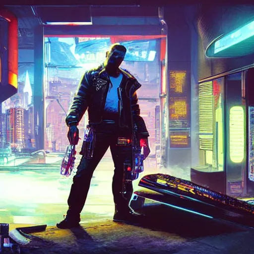 Prompt: johnny silverhand in cyberpunk 2077, artwork by craig mullins