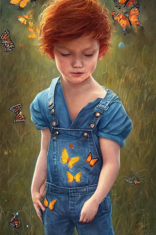 Prompt: a little boy with ginger hair wearing denim overalls chasing butterflies. clean elegant painting, beautiful detailed face, lots of butterflies. by artgerm and greg rutkowski
