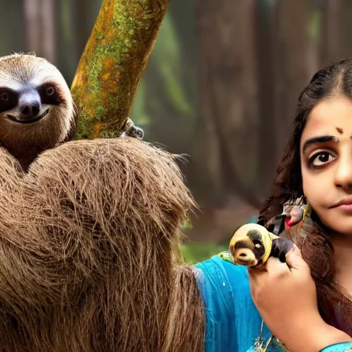 Prompt: a beautiful young indian cottagecore witch holds a cute sloth, traditional disney, still from movie, award winning