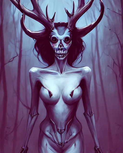 Image similar to a portrait of a beautiful full body Kacey Rohl Wendigo, antlers, spooky, skeletal face, blood, art by lois van baarle and loish and ross tran and rossdraws and sam yang and samdoesarts and artgerm, digital art, highly detailed, intricate, sharp focus, Trending on Artstation HQ, deviantart, unreal engine 5, 4K UHD image