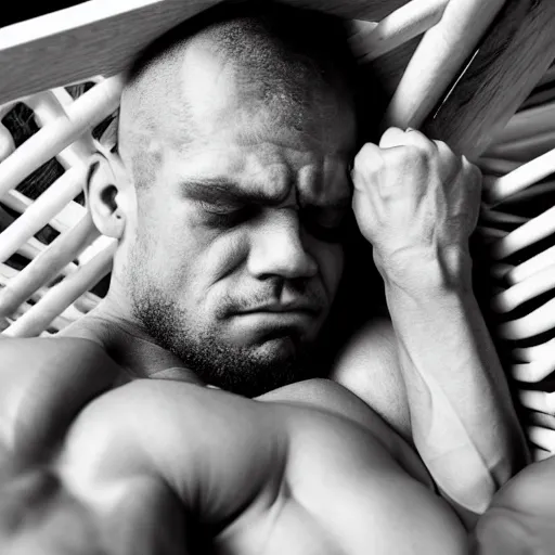 Image similar to huge muscles bodybuilder with head of a baby sleeping in a crib, newborn, barrel chested, rippling muscles, huge veins, bulging muscles, ripped, award winning photography, high detail