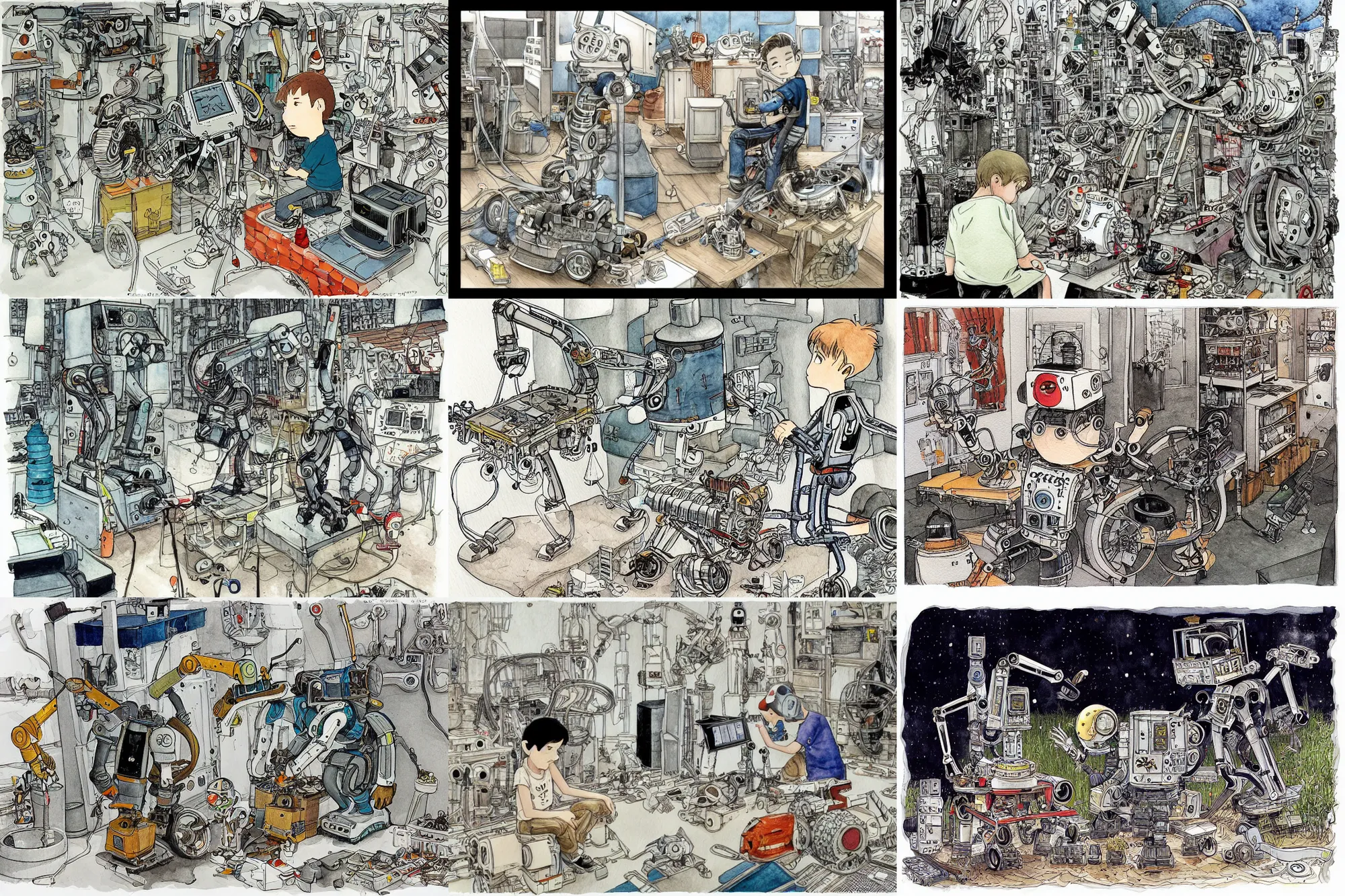 Prompt: a boy repairing his robot, ink and watercolor illustration,((part by Craig Thompson)), part by Mattias Adolfsson, part by Ghibli Studio