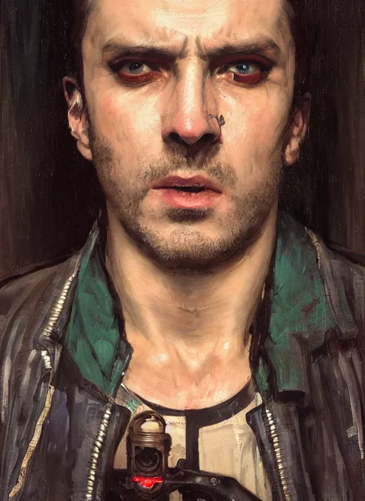 Image similar to Crazy Ivan. Wild Russian cyberpunk hitman wearing a jacket. (Cyberpunk 2077, bladerunner 2049). Crazy eyes. Iranian orientalist portrait by john william waterhouse and Edwin Longsden Long and Theodore Ralli and Nasreddine Dinet, oil on canvas. Cinematic, vivid colors, hyper realism, realistic proportions, dramatic lighting, high detail 4k