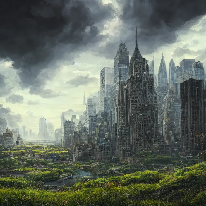 Prompt: an epic fantasy comic book style landscape painting of new york city overtaken by grass and wildlife, dark clouds hyper detailed ultra sharp sharp focus, studio ghibli, unreal 5, daz, hyperrealistic, octane render, dramatic lighting, intricate detail, cinematic, dark atmosphere