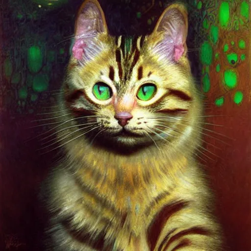 Prompt: a portrait of a humanoid fluffy tabby cat feline with green human eyes wearing a jumpsuit. shadowrun cyberpunk fantasy highly detailed painting by gaston bussiere craig mullins jc leyendecker gustav klimt artgerm greg rutkowski john berkey, bergey, craig mullins, ruan jia, raymond swanland, jeremy mann, tom lovell, alex malveda