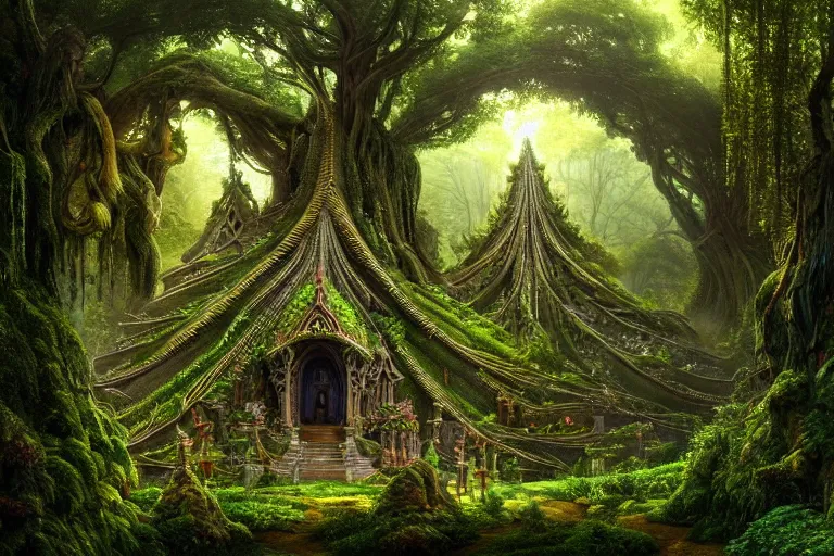 Prompt: a beautiful and highly detailed digital painting of a sacred elven tree temple in a valley in a lush forest in the misty mountains, psychedelic, celtic, intricate details, epic scale, insanely complex, 8 k, sharp focus, photorealism, artstation, cgsociety, by caspar friedrich, albert bierstadt, james gurney, brian froud,