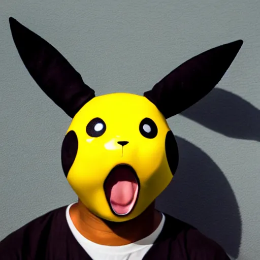 Image similar to a bald black man with a pikachu hat, close up