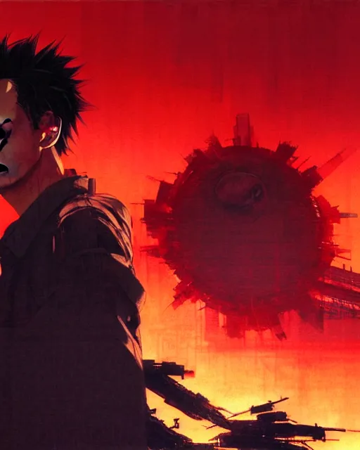 Prompt: tetsuo over neo - tokyo, silhouetted by a red sun | anime, realistic shaded perfect face, fine details. realistic shaded lighting poster by katsuhiro otomo, akira, artgerm, jeremy lipkin and michael garmash and rob rey