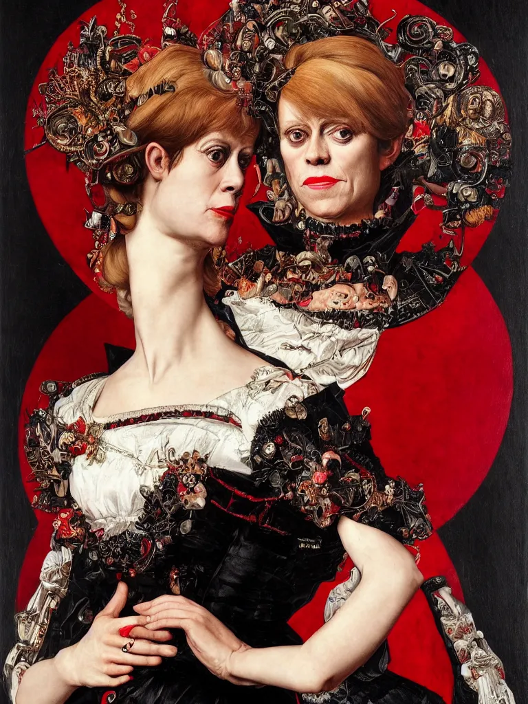 Image similar to Detailed maximalist stunning portrait of Signorney Weaver dressed in a black and red Victorian collar dress, HD mixed media, 3D collage, highly detailed and intricate, masterpiece, award-winning, surreal illustration in the style of Caravaggio, dark art, baroque