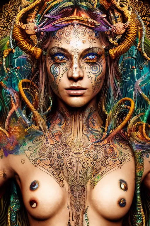 Image similar to a centered render of an mytical festival hippy with tribal tattoos wearing intricate metallic clothing surrounded by a underwater ink pour and flowing liquid gallium and sacred geometry, perfect body and face, gorgeous, cinematic, beautifully lit, by alberto seveso, by zack snyder, by donato giancola, 3 d, trending on artstation, octane render, 8 k