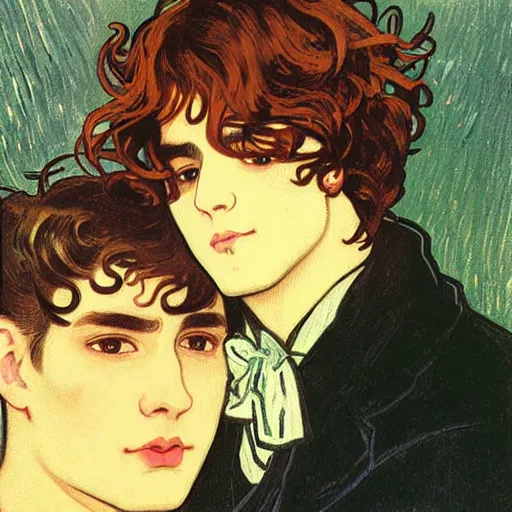 Image similar to painting of young cute handsome beautiful dark medium wavy hair man in his 2 0 s named shadow taehyung and cute handsome beautiful min - jun together at the halloween! party, bubbling cauldron!, candles!, smoke, autumn! colors, elegant, wearing suits!, clothes!, delicate facial features, art by alphonse mucha, vincent van gogh, egon schiele