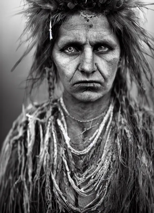 Image similar to Award winning Editorial photo of a female Native Liechtensteiners with incredible hair and beautiful hyper-detailed eyes wearing traditional garb by Lee Jeffries, 85mm ND 5, perfect lighting, gelatin silver process