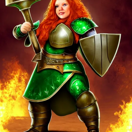 Image similar to dwarven woman, ginger hair, green eyes, holding hammer and shield with plate armour