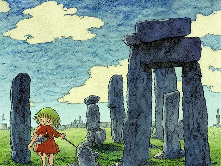 Prompt: a simple watercolor studio ghibli movie still fantasy concept art of a skyscraper - sized wizard playing with stones in a tiny stonehenge. it is a misty starry night. by rebecca guay, michael kaluta, charles vess