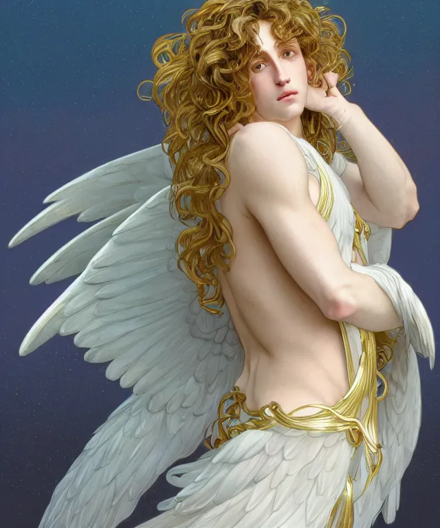 Image similar to fullbody portrait of a beautiful young fit male angel with curly blond hairs, full dressed in long fluent clothes, majestic symmetrical big dove wings, luminous halo, by greg rutkowski and alphonse mucha, gradient white to gold, in front of an iridescent background, highly detailed portrait, digital painting, artstation, concept art, smooth, sharp focus illustration