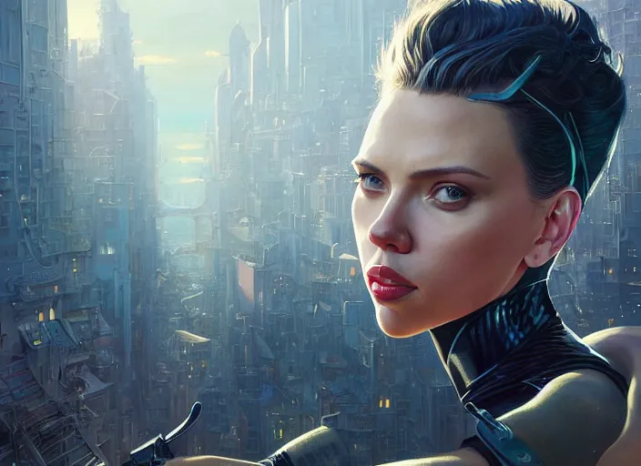 Image similar to highly detailed portrait of scarlett johansson as catwoman, stephen bliss, unreal engine, art by greg rutkowski, loish, rhads, ferdinand knab, makoto shinkai and lois van baarle, ilya kuvshinov, rossdraws, tom bagshaw, global illumination, radiant light, detailed and intricate environment