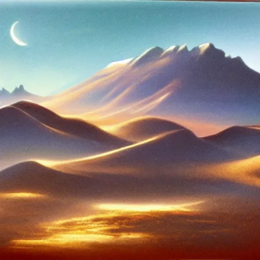 Image similar to matte painting oil impresionist mountainrange desert few clouds moonlight