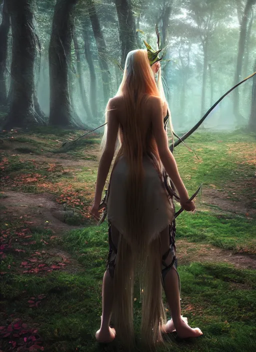 Image similar to magical forest cyberpunk, music, girl with blond long hair back view, elves, lord of the rings style, ultra detailed, trending on artstation, concept art, octane render, unreal engine,