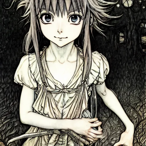Prompt: photo of a cute young anime-style girl in the style of Arthur Rackham, realistic, wide focus, 8k ultra, insanely detailed, intricate, elegant, art by Laurie Lipton, digital art by James Clyne, art by Steve Hanks