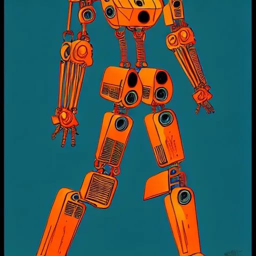 Prompt: a full body character design guy denning, tim doyle, laurie greasley. fiery flaming grungy industrial rectangular trapezoid faceless humanoid anatomical mech robot heroic!! fire!! bold outline sharp edges. ultra clear detailed. 8 k. elegant, neon colors, dynamic angle, intricate complexity, epic composition, symmetry, cinematic lighting masterpiece