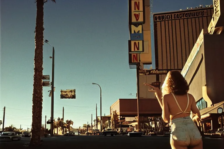 Prompt: 1 9 7 6 vegas street scene with a woman floating in the sky in the foreground, deep focus, intricate, elegant, highly detailed, matte, sharp focus, photography of gregory crewdson