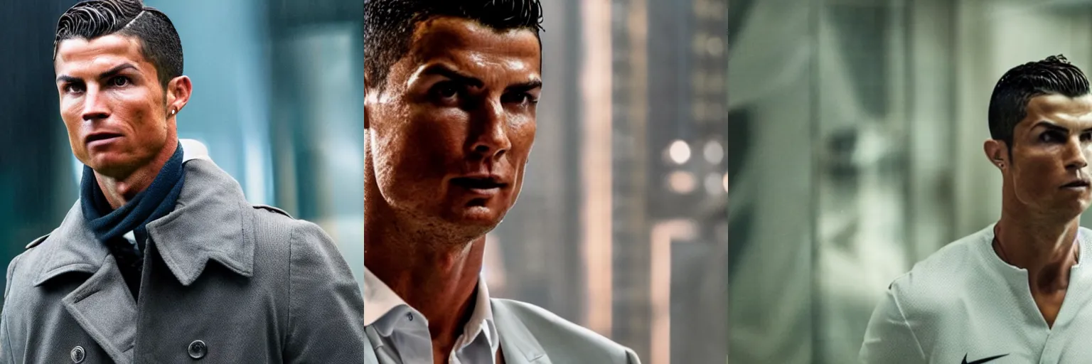 Prompt: close-up of Cristiano Ronaldo as a detective in a movie directed by Christopher Nolan, movie still frame, promotional image, imax 70 mm footage