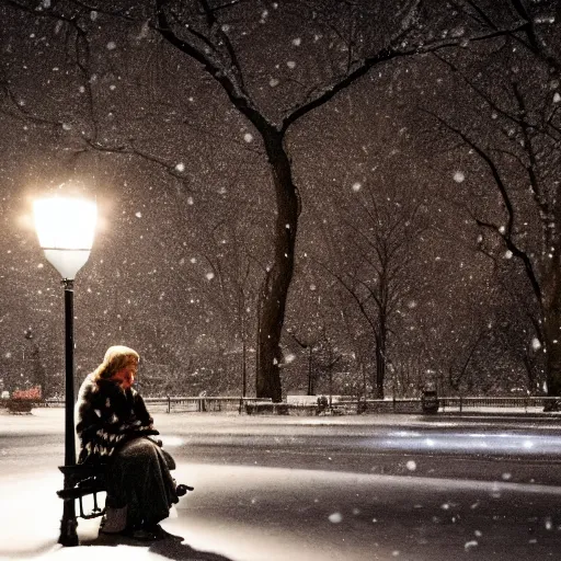 Image similar to Detailed photo of Maisy Williams sitting on a bench in Central Park during the winter, light snow, a lamp illuminates the area, 2K,