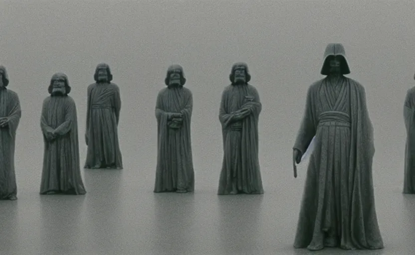 Prompt: screenshot of multiple grey Jedi statues by Zdzisław Beksiński, from 1970s star wars film thriller directed by Stanley Kubrick, iconic scene, 4k UHD still frame, windy hair, cinematic lighting, stunning cinematography, hyper detailed scene, anamorphic lenses, kodak color film stock