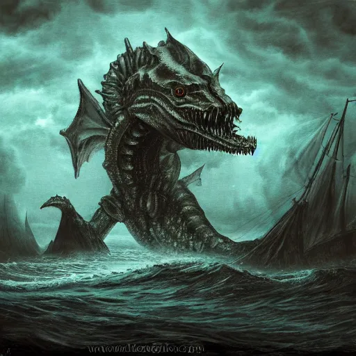 Image similar to Giant Sea Monster, gothic art, color, eerie, horror, scary, ominous, 8k, highly detailed