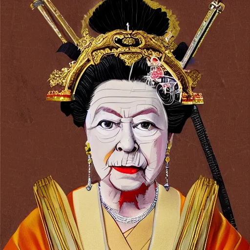 Prompt: a beautiful painting of old queen elizabeth ii dressed as japanese samurai with katana, realistic, portrait, full body, hd, 8 k, 4 k,