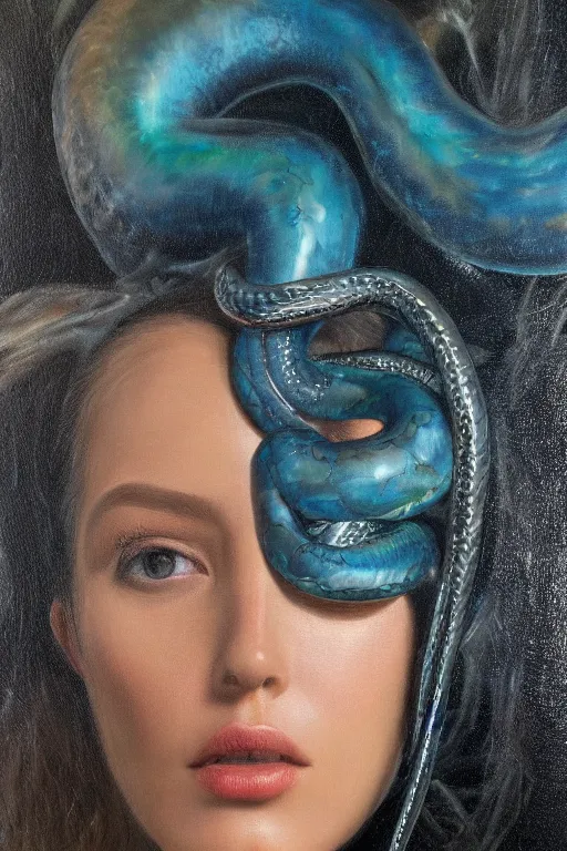 Image similar to hyperrealism oil painting, close - up portrait of face from a tangle of snakes fashion model, knight, steel gradient mixed with nebula sky, in style of baroque