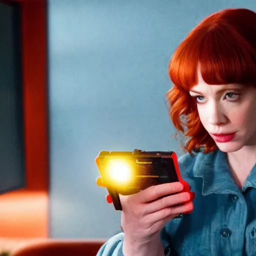 Prompt: a still of Christina Hendricks playing with a Gameboy, in Stranger Things, highly detailed and intricate, cinematic lighting, 8k remastered HDR